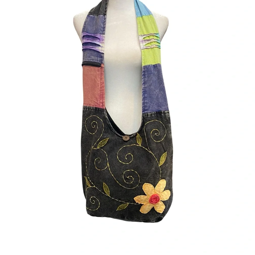 KATHMANDU Embroidered Floral Black Fabric Hippie Hobo Crossbody Shoulder Bag